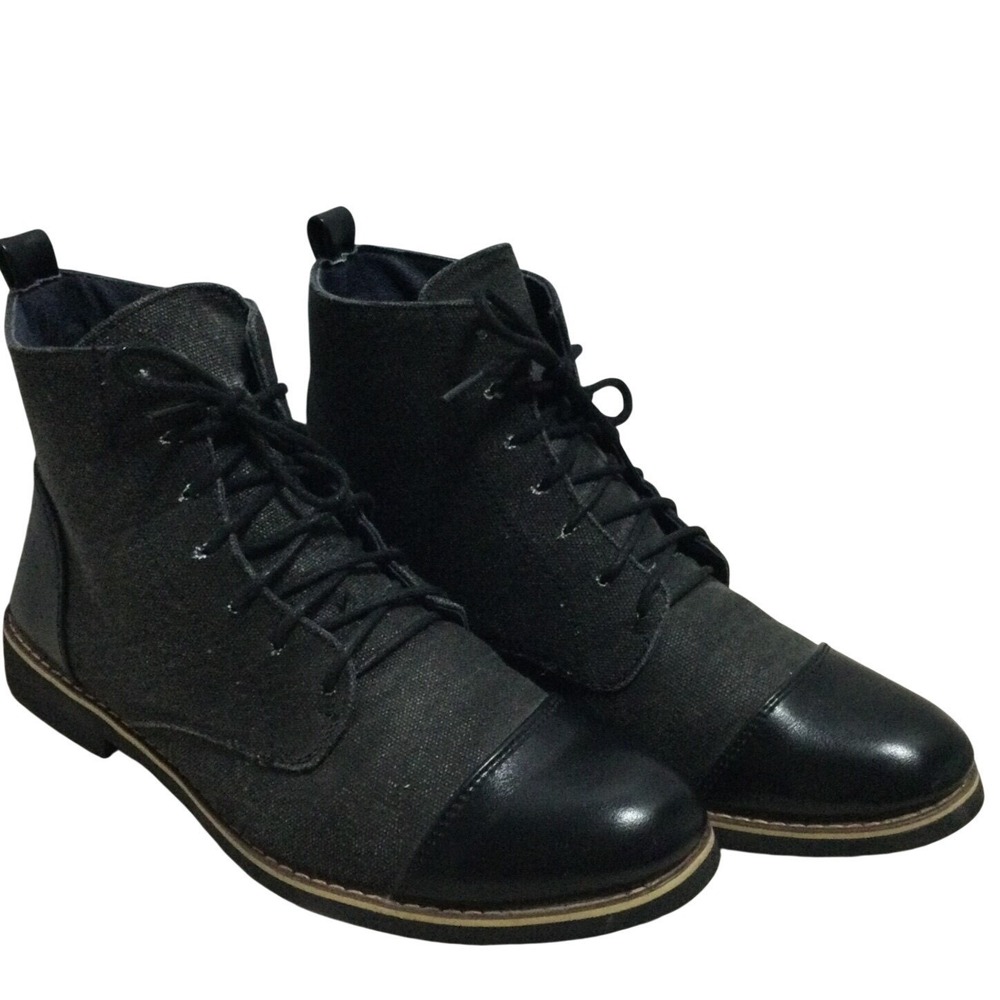Mens‎ Black Canvas Leather Cap Toe Lace Up Ankle Boots Size 43
